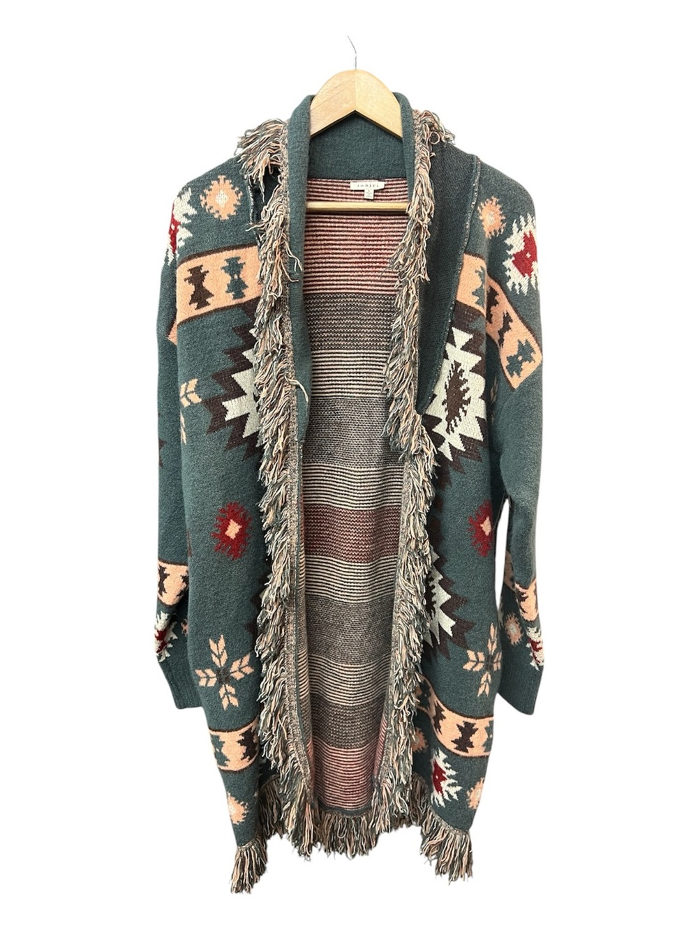 Jodifl Southwestern Fringe Cardigan Duster Large Boho Aztec Open Front Pockets - Picture 2 of 5